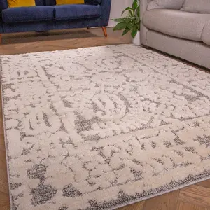 Grey White Floral Damask Plush Scandi Area Rug 160x230cm