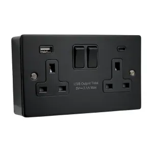 SHPELEC 2 Gang 13A Screwless Matt Black Switched Socket with Dual 15W USB Fast Charging Ports (Type A & C) and 32mm Box