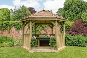 3.6m Hexagonal Wooden Garden Gazebo with Cedar Roof - Furnished with Table, Benches and Cushions  (Green)