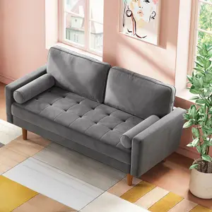 148CM Velvet Love Seat Grey Couch with 2 Pillows