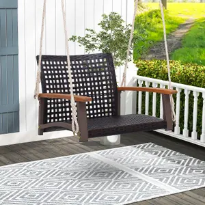 Costway Rattan Porch Swing Chair Patio Wicker Single Hanging Seat w/ Ropes