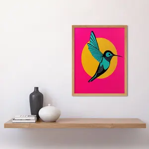 Vibrant Retro Pop Art Hummingbird - Print Light Brown Framed Paper / 43cm H x 33cm W x 2cm D