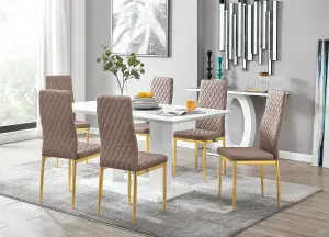 Imperia White High Gloss 6 Seater Dining Table with Structural 2 Plinth Column Legs 6 Beige Faux Leather Gold Leg Milan Chairs