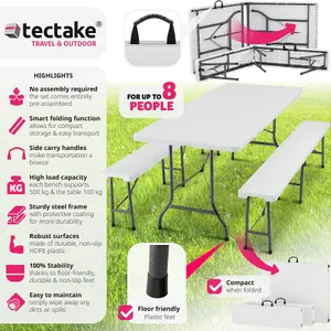 Camping Table and Bench Set - foldable with carry handles - white