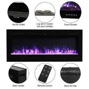 Black Electric Fire Fireplace Wall Mounted or Inset Heater 12 Flame Colors with Remote Control 60 Inch