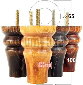 4 Turned Solid Wood Furniture Legs Replacement Settee Feet 100mm High Sofa Chair Bed M8 Raw SOF3211