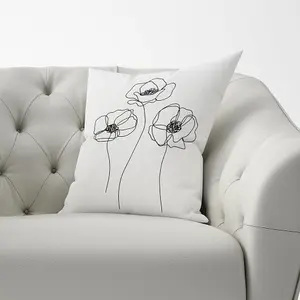 Monochrome Line Drawn Poppies Cushions 60cm x 60cm