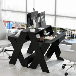 Costway Wooden Computer Desk Home Office Writing Desk with Monitor Stand Riser X-shaped Black