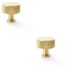 2 PACK - Round Knurled Door Knob - 35mm Diameter Satin Brass Radio Cupboard Pull Handle