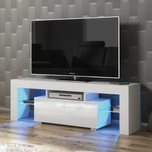 Floe TV Unit 130cm White with High Gloss Doors and LED Lighting - Creative Furniture