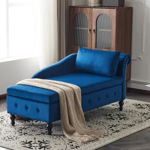 Velvet Upholstered Chaise Lounge Sofa with Storage with Pillow for Living Room, Bedroom and Office, Right Armrest, Blue