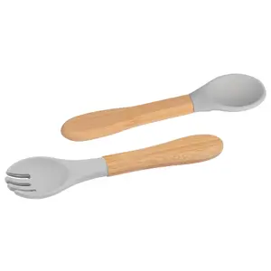 Bamboo Baby Weaning Fork & Spoon Set - Grey