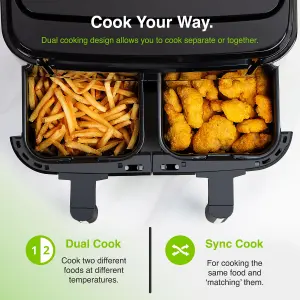 VonShef Dual Air Fryer 9L - Double Large Family Size, XL Capacity, 2 Drawers, 12-In-1 Presets, LED Display, 2400w - Black