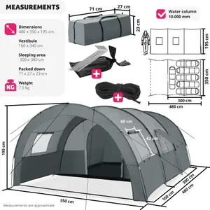 Tent Roskilde - for 6 people, with awning, groundsheet, 4 windows with mosquito nets - light grey/dark grey