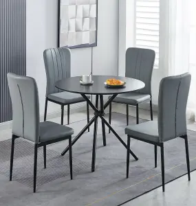 Hallowood Furniture Cullompton Small Black Round Dining Table 90cm with 4 Light Grey Faux Leather Chairs