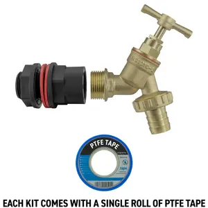 water butt/water storage tank outlet adaptor+brass bib tap +ptfe tape(requires a 21mm hole)