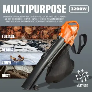 Heavy Duty 3200W Electric Leaf Blower - For Garden Grass Hedge Blower Vacuum Vac Patios Gutters Driveways Wheels & 35L Bag