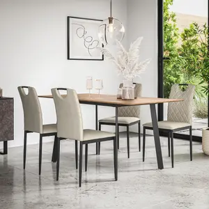 Haydon Extending Dining Table And Chairs -  Oak Effect Table Top w Black Legs + Monza Linen Dining Chair Set Of 4 (Beige)