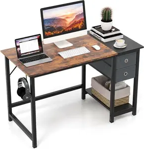 Costway Brown 120 cm Home Office Desk Writing Desk Modern Computer Workstation With 2 Drawers