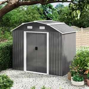 Grey Garden Metal Tool Shed with Lockable and Curved Roof Design