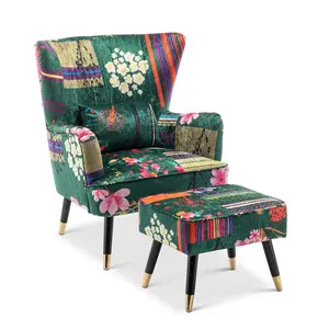 Fabric Green Patchwork Victoria Accent Wingback Chair with Footstool