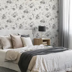 Julien MacDonald Exotica White Silver effect Floral & birds Textured Wallpaper Sample