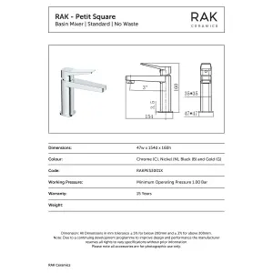 RAK Petit Polished Chrome Modern Basin Sink Mixer Tap Solid Brass