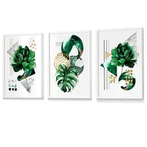 Abstract Green and Gold Floral Wall Art Prints / 42x59cm (A2) / White Frame