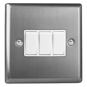 Varilight 3-Gang 10A 1- or 2-Way Rocker Switch Brushed Steel