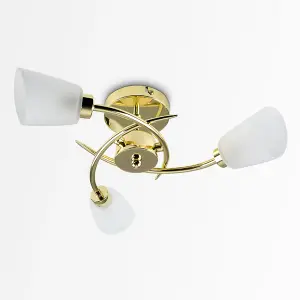 ValueLights Kavio 3 Way Spiral Polished Gold Ceiling Light with Frosted Glass Shades