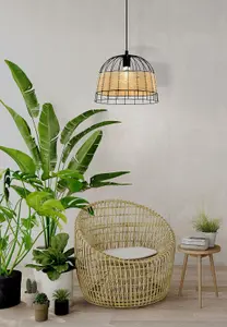 Hanging Ceiling Pendant Light Black & Wicker 1x 40W E27 Hallway Feature Lamp