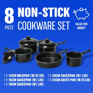 8pc Non Stick Cookware Set - Milkpan Saucepan Kitchen Cook Pan Lids Cooking Carbon Steel