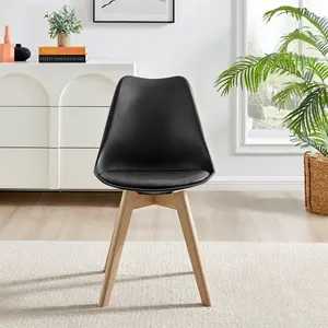 Stolm Bright Moulded Plastic Dining Chair with Wooden Legs and Foam Cushion Seat (Set of 2) Black