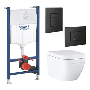 Grohe Euro Alpine White Wall hung Oval Toilet with Soft close seat & Concealed cistern & matt black plate