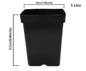 Square Plant Pot Strong Black Plastic Hydroponic Pots 5 Litres x 10 Pots