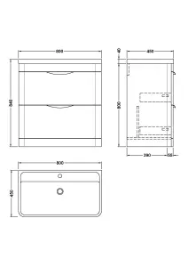 Floor Standing 2 Drawer Vanity Unit with Ceramic Basin - 800mm - Soft Black