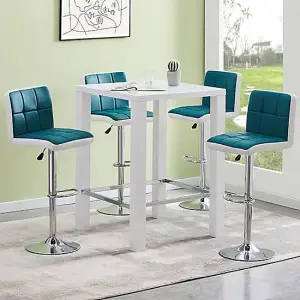 Jam Square Glass White Gloss Bar Table 4 Copez Teal Stools