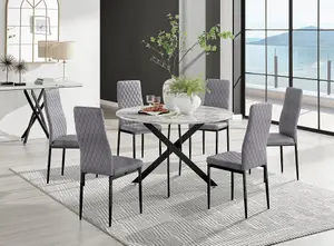 Furniturebox UK Novara White Marble Black Leg 120cm Round Dining Table & 6 Grey Velvet Milan Black Leg Chairs