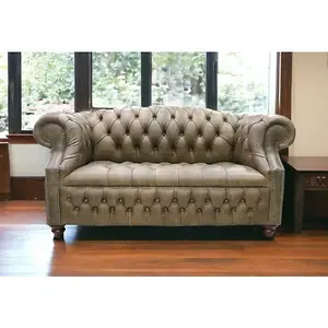 Chesterfield 2 Seater Buttoned Seat Sofa Cracked Wax Tan Leather In Buckingham Style