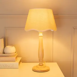 ValueLights Victoria Light Wood Table Lamp with Linen Scallop White Trim Tapered Shade & Bulb