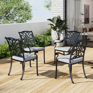 4Pcs Black Cast Aluminum Chairs Bistro Garden Armchair with Seat Cushions