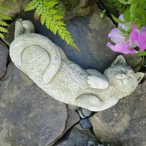 Laying Cat Stone Statue Outdoor Garden Ornament British Made Kitten Sculpture