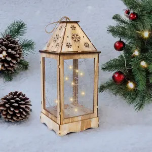 Pre-Lit Wooden Christmas Lantern with Snowflake Cut-Out & LED String Lights - Standing or Hanging Festive Decoration