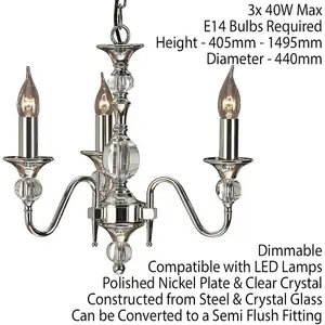 Diana Ceiling Pendant Chandelier Bright Nickel & K9 Crystal Curved 3 Lamp Light