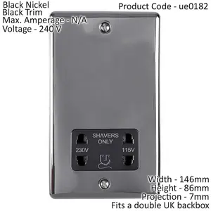 230v & 115v Shaver Twin Socket Wall Plate BLACK NICKEL & Black Trim 86mm x 146mm