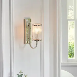 Luminosa Genoa Glass Wall Lamp, Bright Nickel Plate, Ribbed Bubble Glass