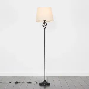 ValueLights Memphis Traditional Style Black Barley Twist Floor Lamp with Beige Tapered Light Shade - with LED GLS Bulb