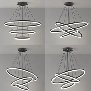 Modern Black 3 Ring Aluminum Round Adjustable Linear Hanging LED Ceiling Pendant Light in White Light