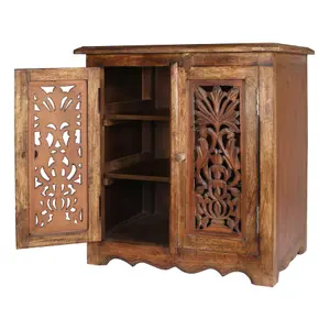 Natural Hand Made Indian Mango Wood Shoe Cupboard Storage Unit Cabinet Light Brown 59 x 36.5 x 61 cm