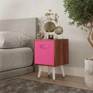 URBNLIVING 50cm Height Dark Pink 1-Drawer Cube Teak Shelving Unit with Scandinavian White Legs